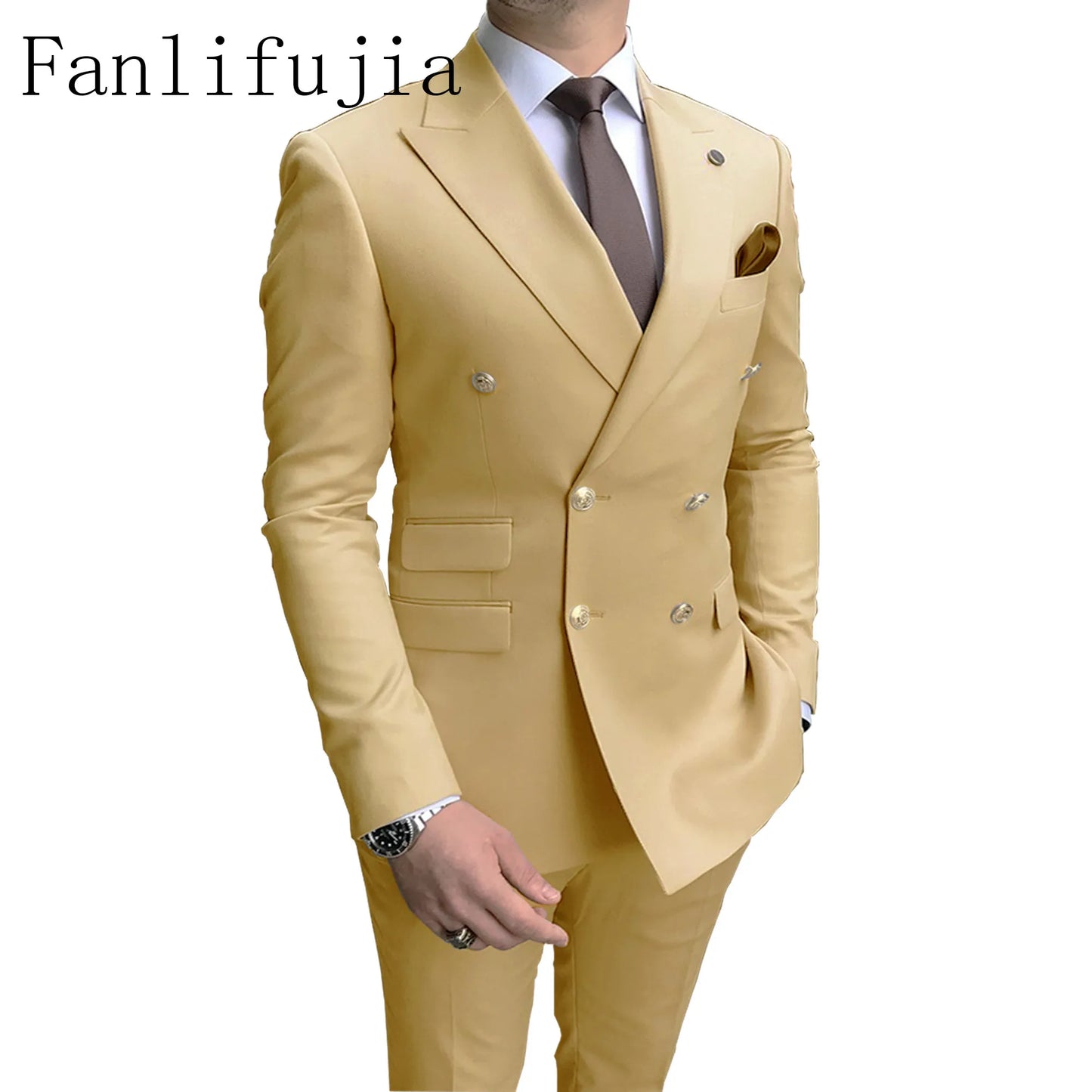 Fanlifujia Double Breasted Men Suit Pink Two Pieces Slim Fit 2024 Italian Wedding Costume Party Prom Gold Button Male Suit