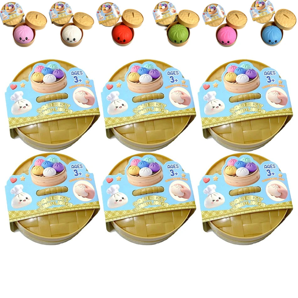 Colorful Dumpling Squishes Stress Balls Fidget Sensory Toys Simulation Food Squishies Bun with Steamer Squeeze Dough Ball Gifts