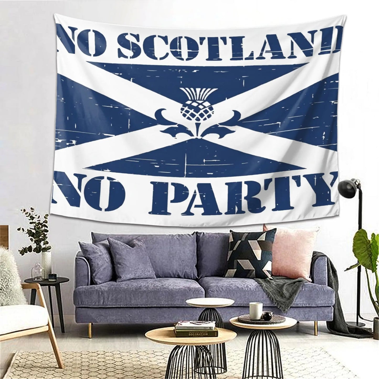 VIKAMA “No Scotland, No Party” Tapestry, Wall Hanging Featuring the Scottish St. Andrew’s Cross and Thistle Motif, Home Decor