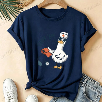 Women Funny Cuff 'Em Duck Nurse T‑Shirt Cute Cartoon Duck Blood Pressure Print Short Sleeve Tops Nurse Appreciation Gift Tees