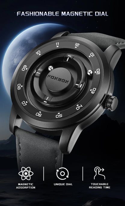 FOXBOX Watch Planet Design Fashion Floating Magnetic Pointer Free Ball Bearing Creative Simple Waterproof Quartz Watch for Men