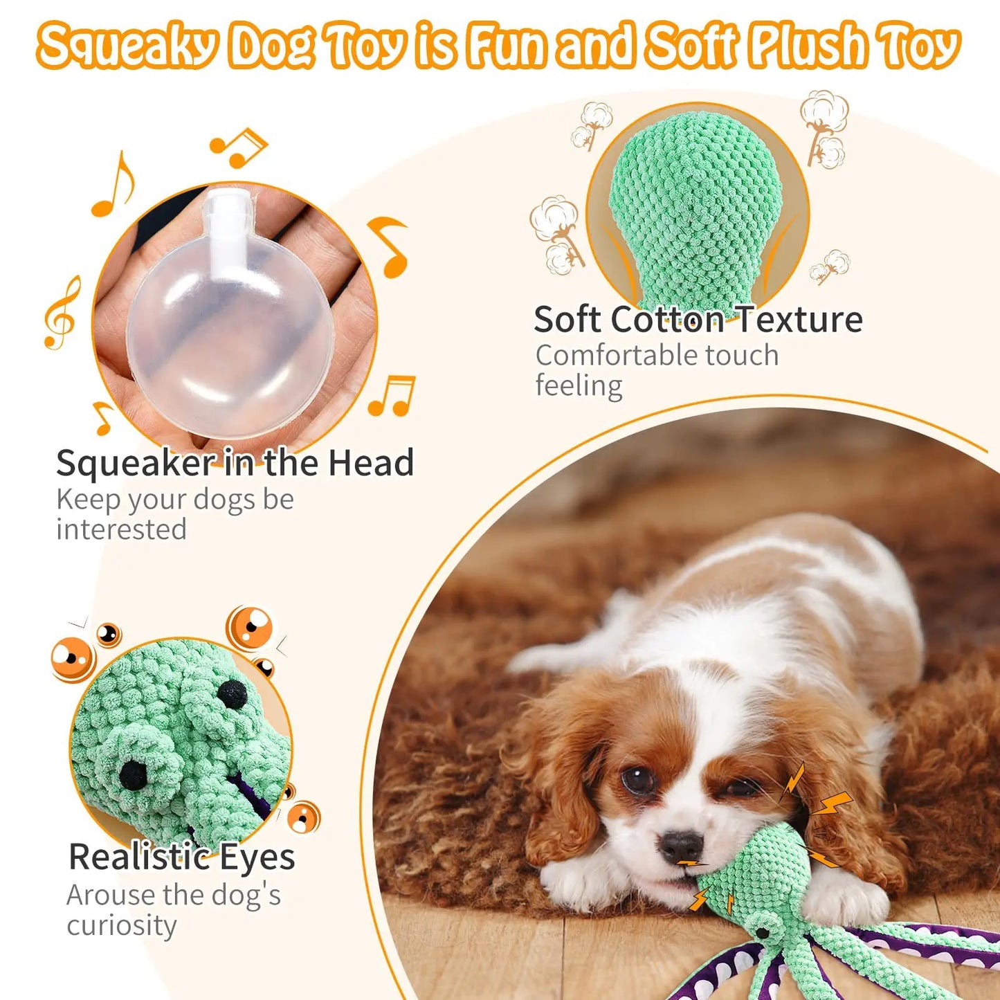 Squeaky Octopus Dog Toy, Pineapple Plush Chew Toy with Squeaker&CrinkleTentacles,InteractiveDentalPuppyToy for Small Medium Dogs