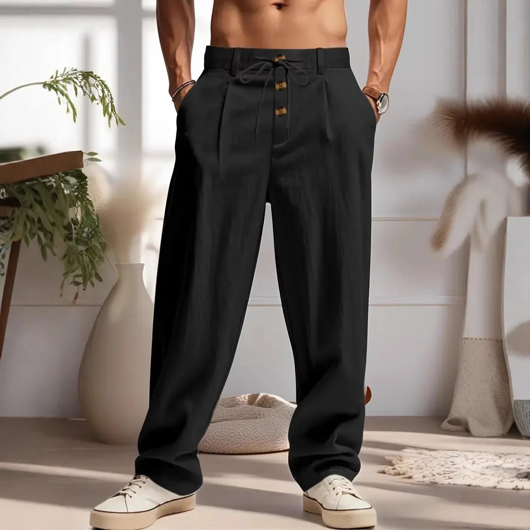 Men's Cotton Linen Long Pants Summer Solid Color Breathable Linen Trousers Male Casual Elastic Waist Casual Pants  Men ﻿
