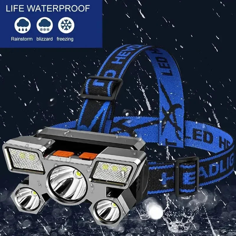 5*LED High Power Headlamp, Super Bright Rechargeable Fishing Camping Light, Long Distance Head Mounted Mining Lamp, Flashlight