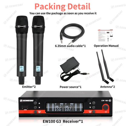 SENNESAI Ew100g3 Professional Dual Wireless Microphone Stage Performance 2 Channels 600-699MHz UHF Karaoke Metal Handheld