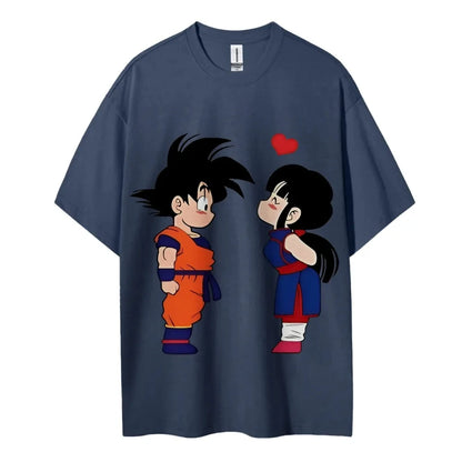 2026 Summer Dragon Ball Goku & Chichi Cute Couple Print Oversized Crew Neck T-Shirt 100% Cotton Casual Tops for Men Women Kids