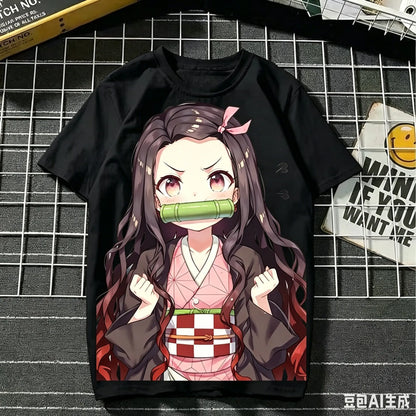 2026 Summer Demon Slayer Nezuko Cherry Blossom Butterfly Print Cotton T-Shirt Adult Kids Casual Loose Breathable Anime Tops Y2k