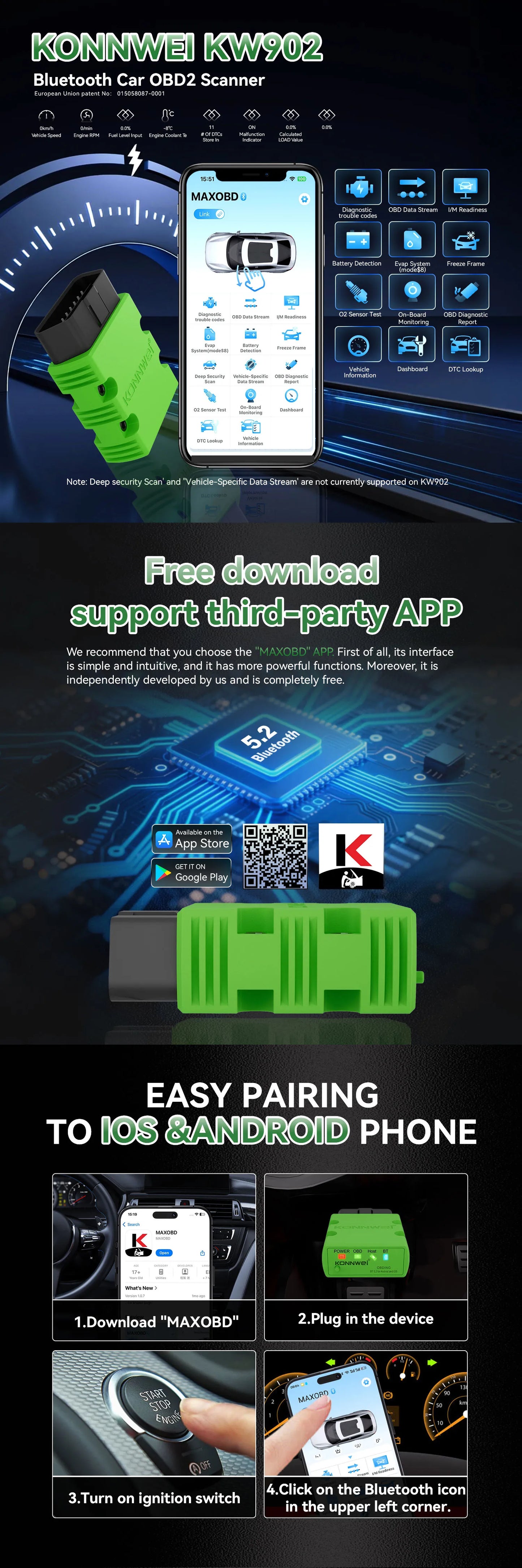 2026 KONNWEI KW902 Elm327 V1.5 OBD2 Bluetooth Car Diagnostic Scanner Mini obd Code Reader for Android/IOS Off Check Engine Light