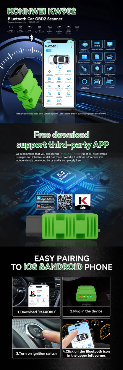 2026 KONNWEI KW902 Elm327 V1.5 OBD2 Bluetooth Car Diagnostic Scanner Mini obd Code Reader for Android/IOS Off Check Engine Light