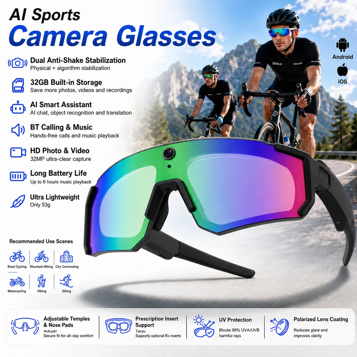 Smart POV Camera Glasses 8MP HD 4K60FPS POV Video Anti-Shake Open-Ear Audio Voice Assistant Running Cycling Sunglasses Men Women