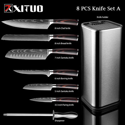 XITUO Chef knife 1-10Pcs Kitchen Knives Set Laser Damascus Pattern Ultra-Sharp Santoku Knife Cleaver Slicing Utility Fruit Knife