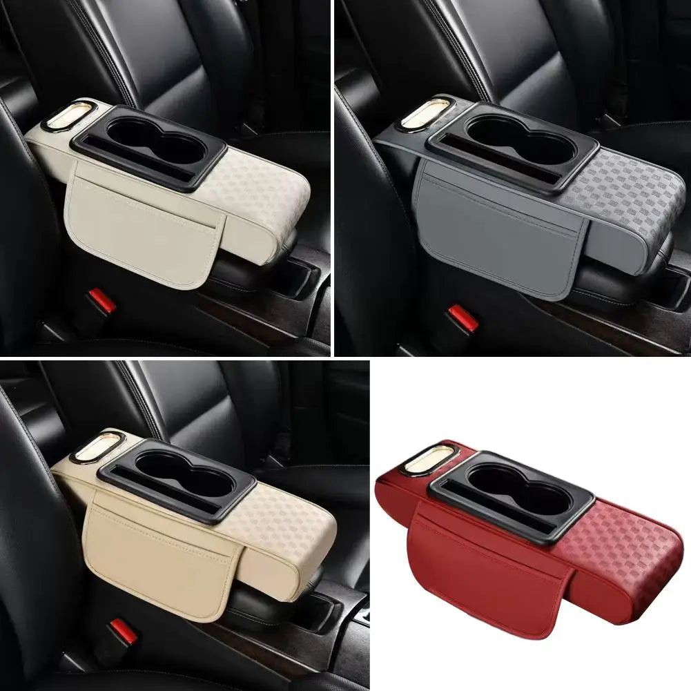 4 in 1 Car Center Console Armrest Cushion Height Increasing PU Leather Tissue Box Cup Holder Storage Pad Universal Fit