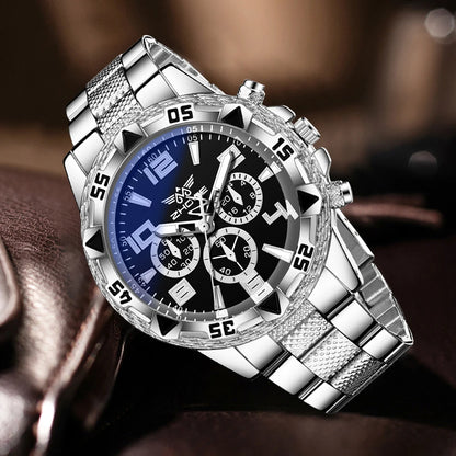 2PCS Silver Men's Watch Set Fashion Trend Business Quartz Watch Set Suitable for Daily Clothing Matching Perfect Gift