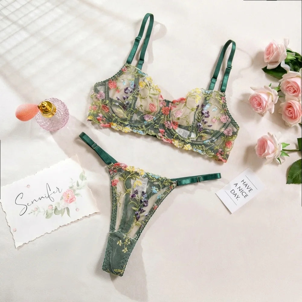 2-Piece Floral Lingerie Set Sheer Embroidery Underwear Intimates Underwire Push-up Versatile Bra Panty Set For Lady Girl