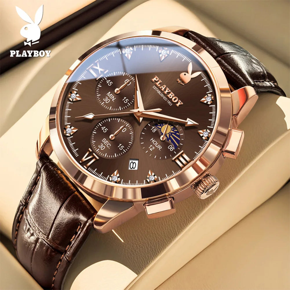 PLAYBOY 3035 Brand original authentic watches for man luxury Gift Box fashion Belt chronograph calendar quartz men's watch