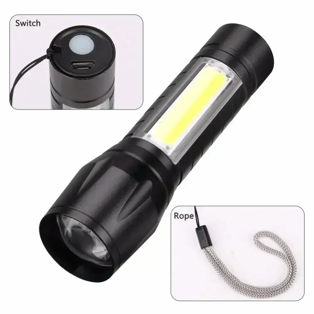 Portable COB+LED Camping Light Flashlight USB Rechargeable Zoom Tactical Torch Lamp Waterproof Emergency Torch Christmas Gift