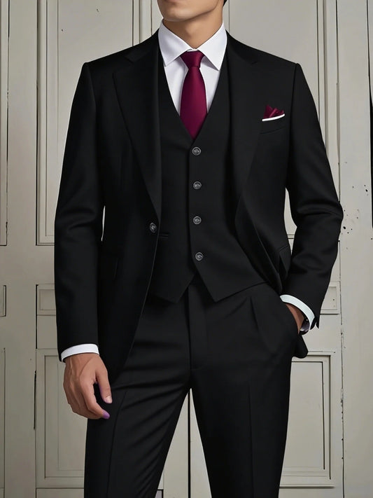 Men's Smart Casual 3-Piece Suit Single Breasted Solid Slim Fit Elegant Office Party Wedding Set