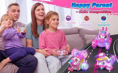 Unicorn Remote Control Car for Girls, 360° Rotating 4WD Stunt RC Cars with Cute Lights, Rechargeable Toys-Kid for Birthday Gifts
