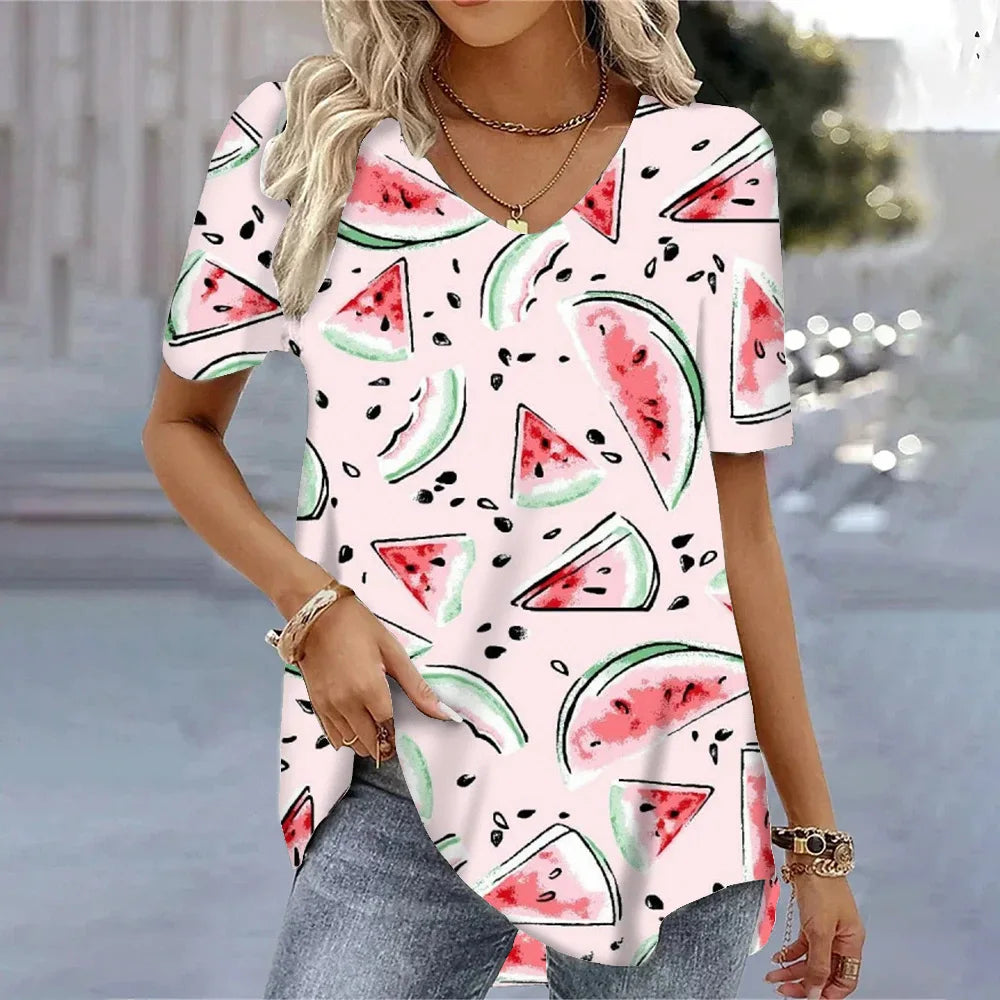 3D Watermelon Printed Women's V-neck Tee Shirts Summer Cool Short Sleeves Tops Fashion Casual Loose Pullovers Female T-shirts