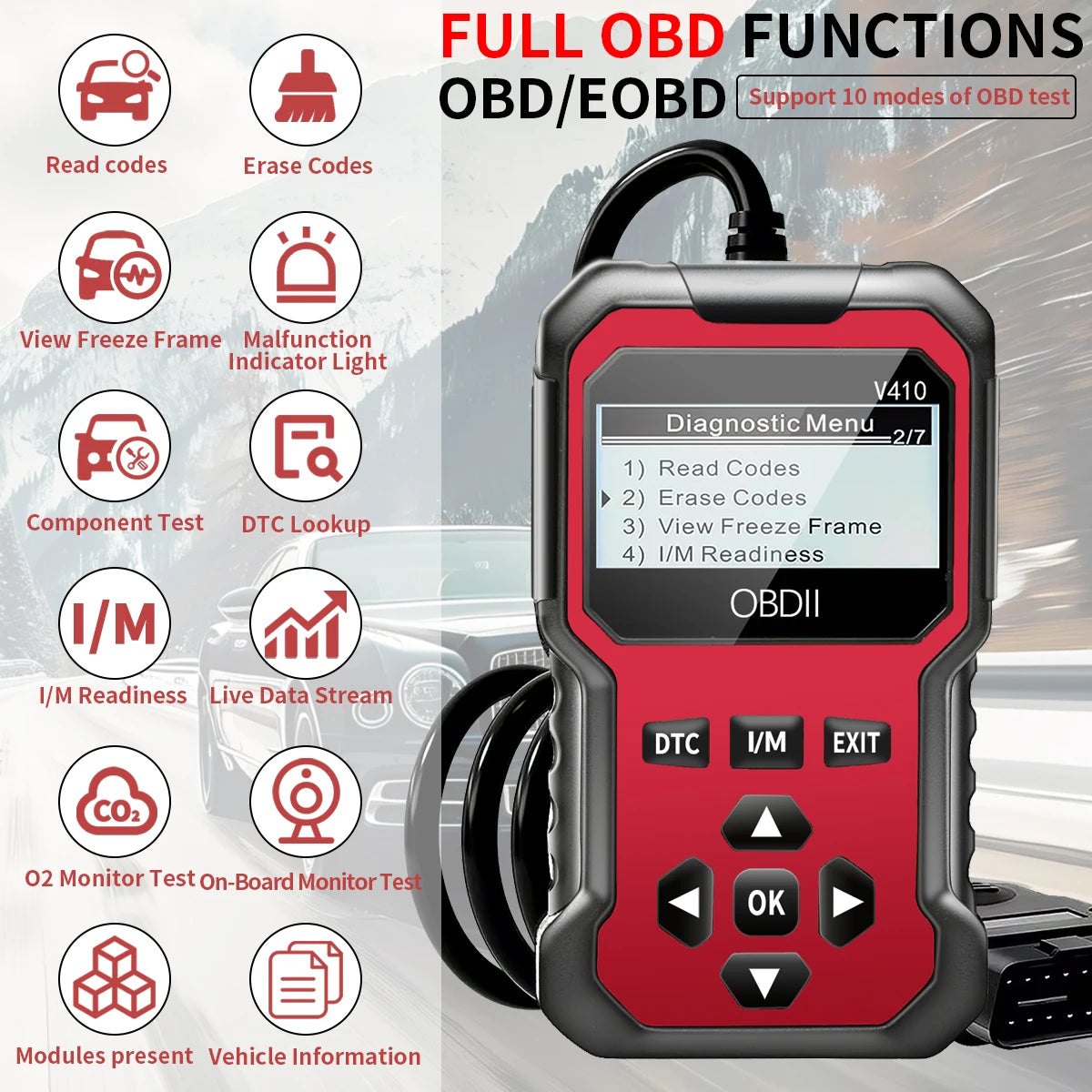 V410 OBD2 Scanner Diagnostic Tool for Cars and Trucks Since 1996+, Data Stream, I/M Readiness, Voltage Test