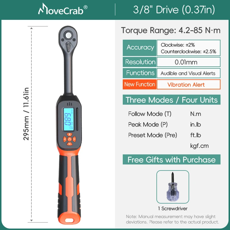 MOVECRAB Series Digital Torque Wrench 1.5-340N.m 2% Accuracy Preset Values with Buzzer, LED Flash & HandleVibration Notification