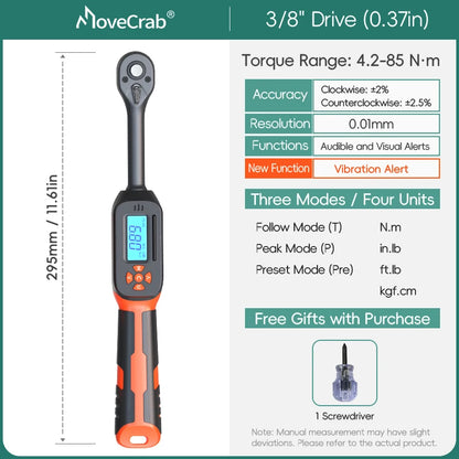 MOVECRAB Series Digital Torque Wrench 1.5-340N.m 2% Accuracy Preset Values with Buzzer, LED Flash & HandleVibration Notification