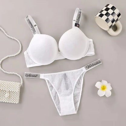 Victoria's Secret Lingerie Set Heart Pattern Trim Stretchy Breathable underwear Set Women's Sexy Lace Bralette Bra and Panty Set