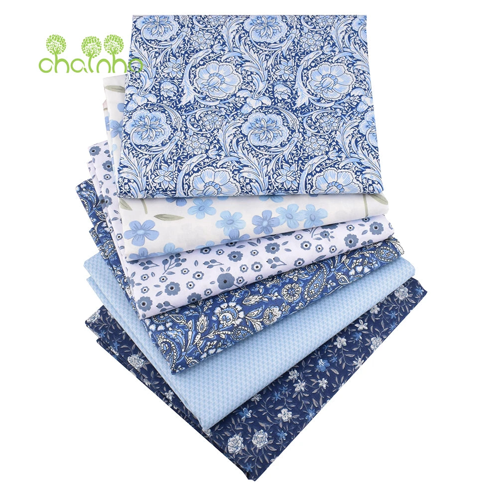 Chainho,Printed Twill Weave Cotton Fabric,DIY Qulting Sewing Material,Patchwork Cloth,Blue Series,6 Designs,3 Spiecification