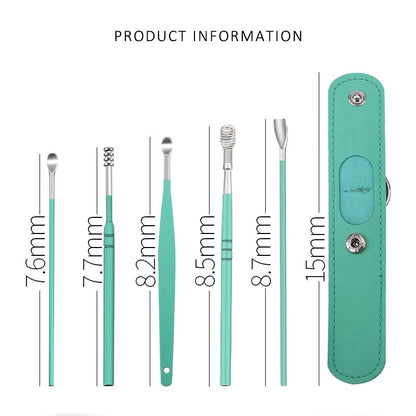 6Pcs/Set Stainless Steel Ear Cleaner Portable Ear Spoons Spiral Earwax Cleaning Removal Tools Reusable Earpick Beauty Accessory