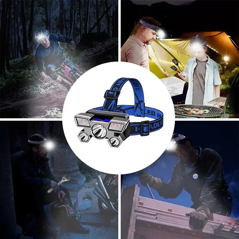 5*LED High Power Headlamp, Super Bright Rechargeable Fishing Camping Light, Long Distance Head Mounted Mining Lamp, Flashlight