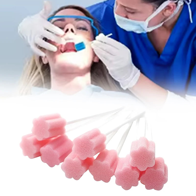 【100Pcs Disposable Oral Care Sponge Sticks Oral Swabs Single Use Stick Plum Blossom Shape Cleaning Accessories】