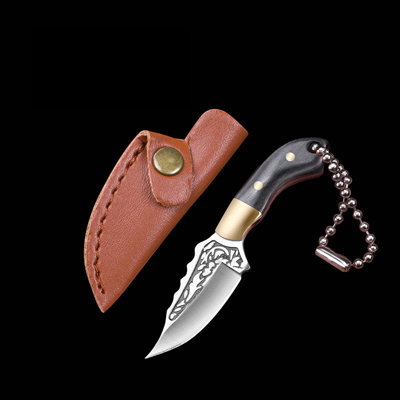 Portable Mini Knife Brass Wood Unboxing Hollow Blade EDC Fixed Blade Leather Cover Cutter Outdoor Surivival Tools Gift