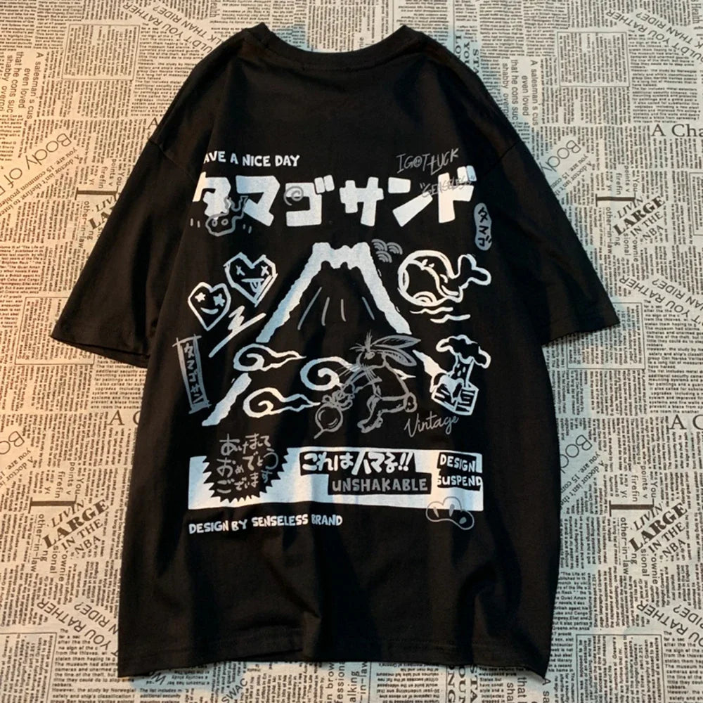 American Rabbit Volcano Retro Cartoon Print Short Sleeve T-shirt Women's Fashion Loose All-match Couple T-shirt Graphic T Shirts