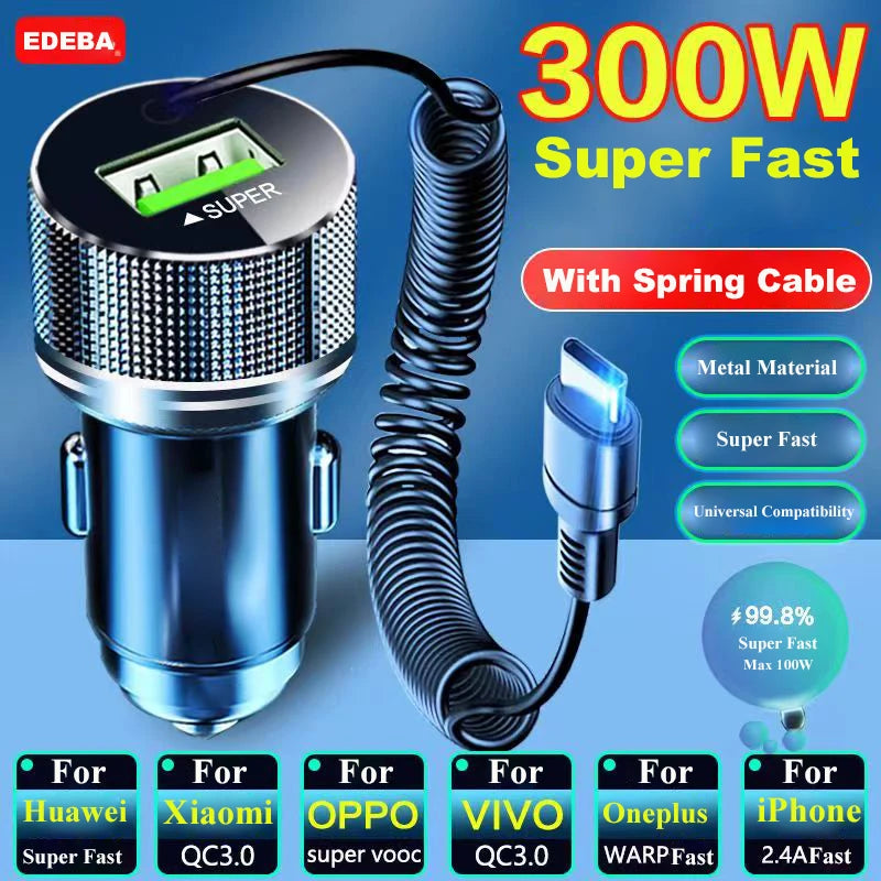 Ładowarka samochodowa EDEBA Metal USB z kablem Type-C 12 V Super szybkie ładowanie, adapter samochodowy 2 w 1 do iPhone'a, Samsunga, Huawei, VIVO, OPPO