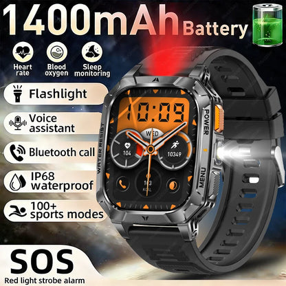 New Rugged Military Smart Watch Men 1400 mAh battery 2.01inch Bluetooth Call Health monitoring device LED flashlight Smart watch