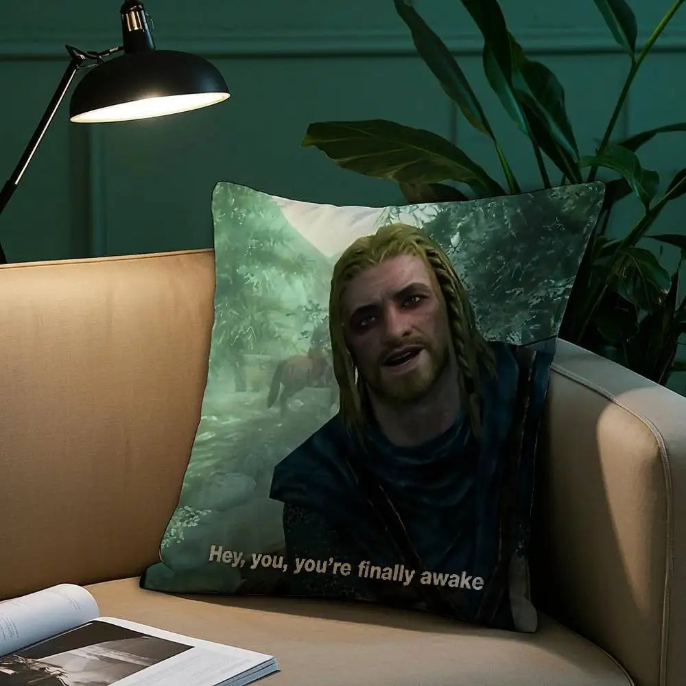 Hey You Youre Finally Awake Skyrim Meme Pillow Case Cozy Plush Pillow Cover Double Side Printed – Home Gift for Bedroom Decor
