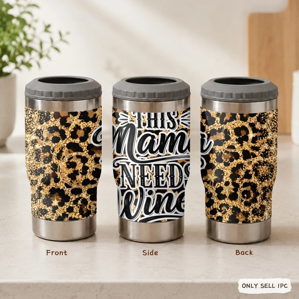 Mama Needs a Drink Leopard Vacuum Flasks 4-in-1 Stainless Steel Can Cooler Insulated Beer Soda Coffee Holder Dual Lids Fits 12oz
