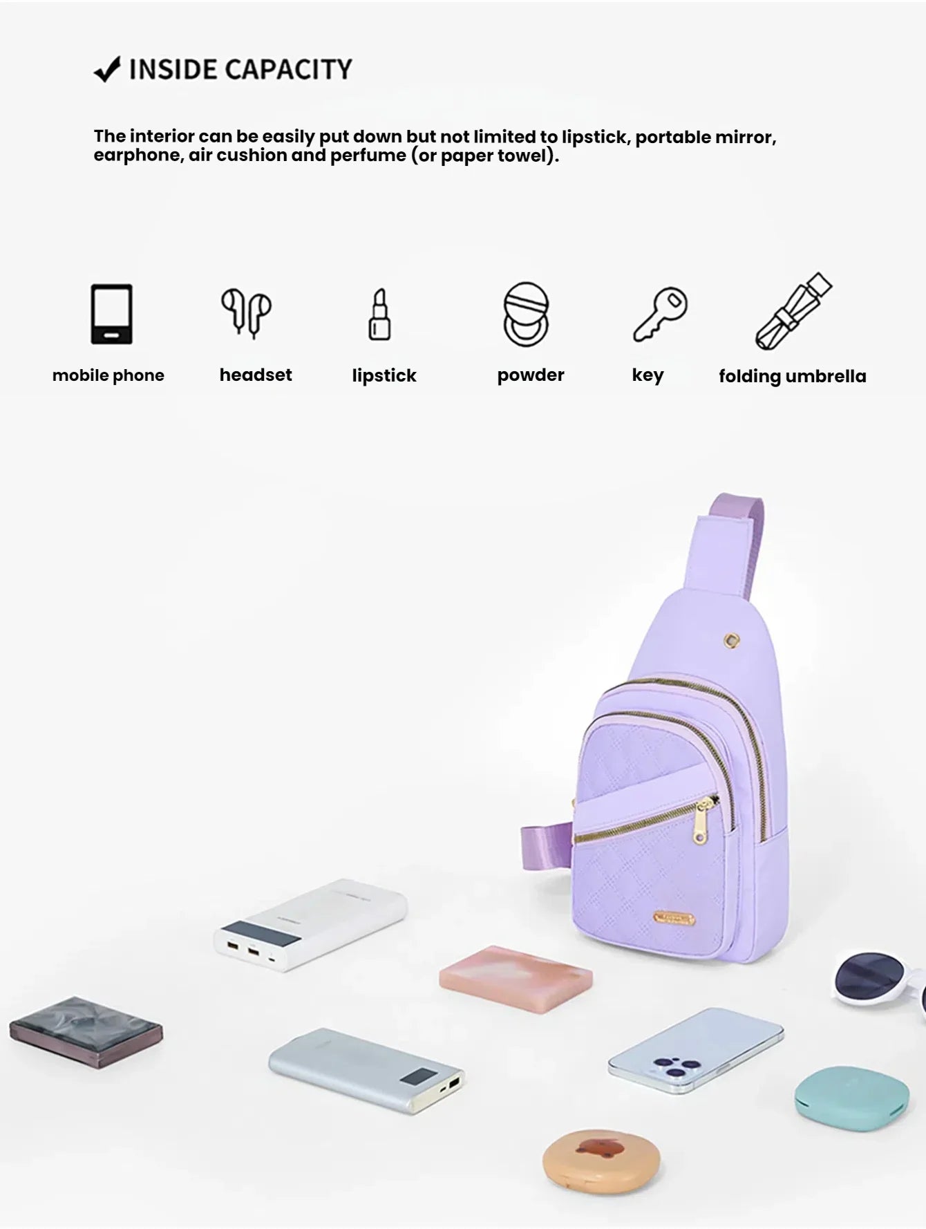 Leisure Quilted Crossbody Bag for Women Chest Bag with Earphone Hole Outdoor Hiking Sling Bag Suitable for Daily Use, Travel