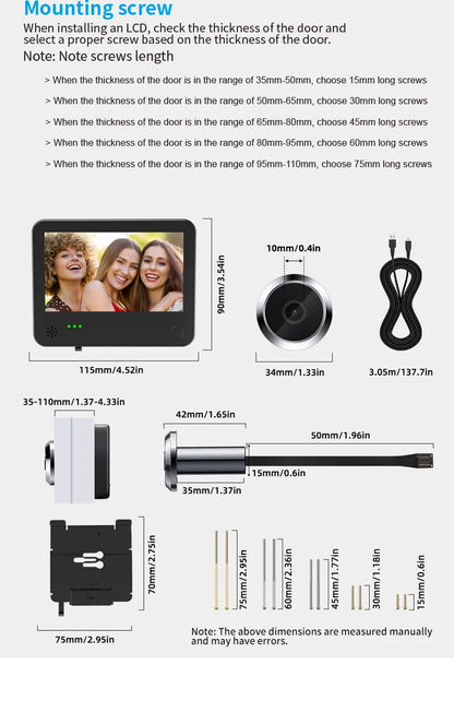 4.3inch Smart Life Door Peephole Camera WiFi Tuya Human Detection 120° 2KHD 3MP IPS Screen Remote Danmini Digital Door Video Eye