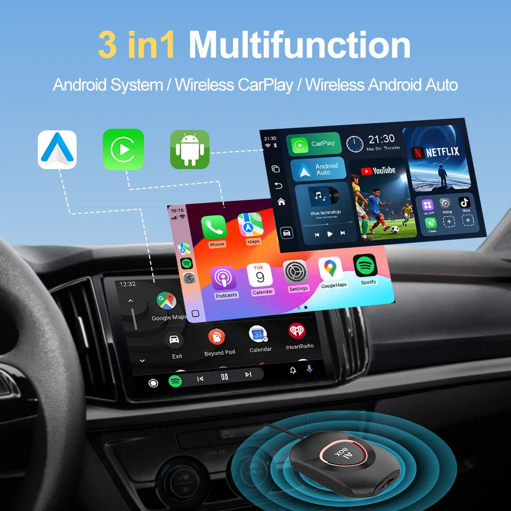 2026 Kowankit Android 15 3 in 1 Wireless CarPlay Smart AI Box Android Auto Adapter Plug Play Car TV Box Support YouTube Netflix