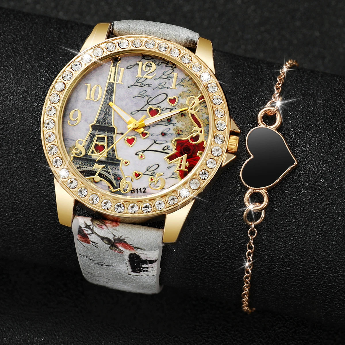 2pcs/set Fashion PU Leather Eiffel Tower Quartz Watch + Heart-Shaped Bracelet (Box not included）