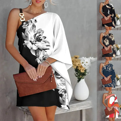 2026Women's New Printed Sexy Asymmetric One-Shoulder Strapless Dress, Elegant Style, Suitable for Summer