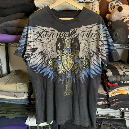 imited Stock Men's Harvester Skull T-Shirt Gothic Wings Cross Print  Vintage Streetwear Soft Breathable FabricL