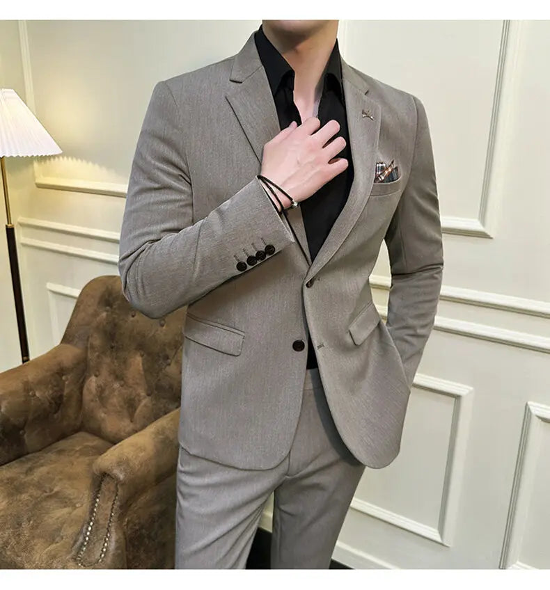 High quality Korean slim fit (suit + trousers) Fashion business handsome casual solid color wedding suit two-piece set