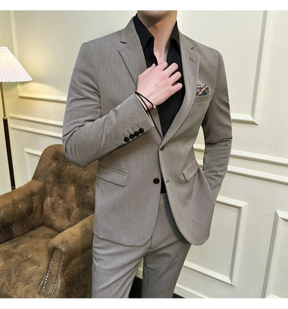 High quality Korean slim fit (suit + trousers) Fashion business handsome casual solid color wedding suit two-piece set
