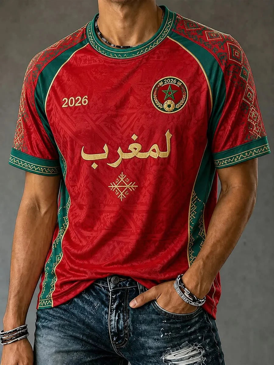 2026 Morocco Fan Football T-Shirt, Red Letter Print Quick Dry Short Sleeve Casual Sports Jersey Unisex