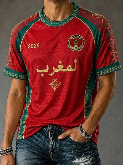 2026 Morocco Fan Football T-Shirt, Red Letter Print Quick Dry Short Sleeve Casual Sports Jersey Unisex