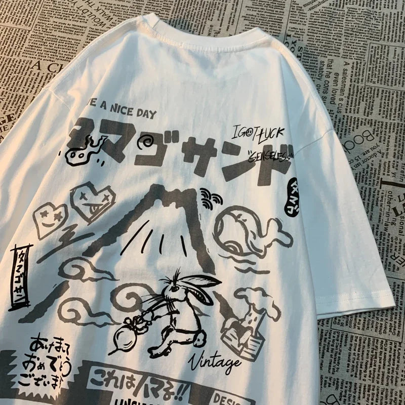 American Rabbit Volcano Retro Cartoon Print Short Sleeve T-shirt Women's Fashion Loose All-match Couple T-shirt Graphic T Shirts