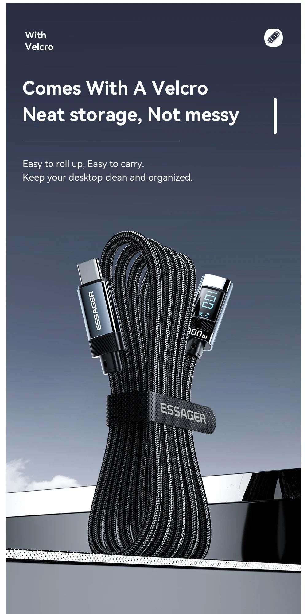 Essager PD100W USB C to Type C Cable Fast Charging Cable 90 Degree Elbow With Display For Iphone 15 Huawei Samsung Macbook Pro