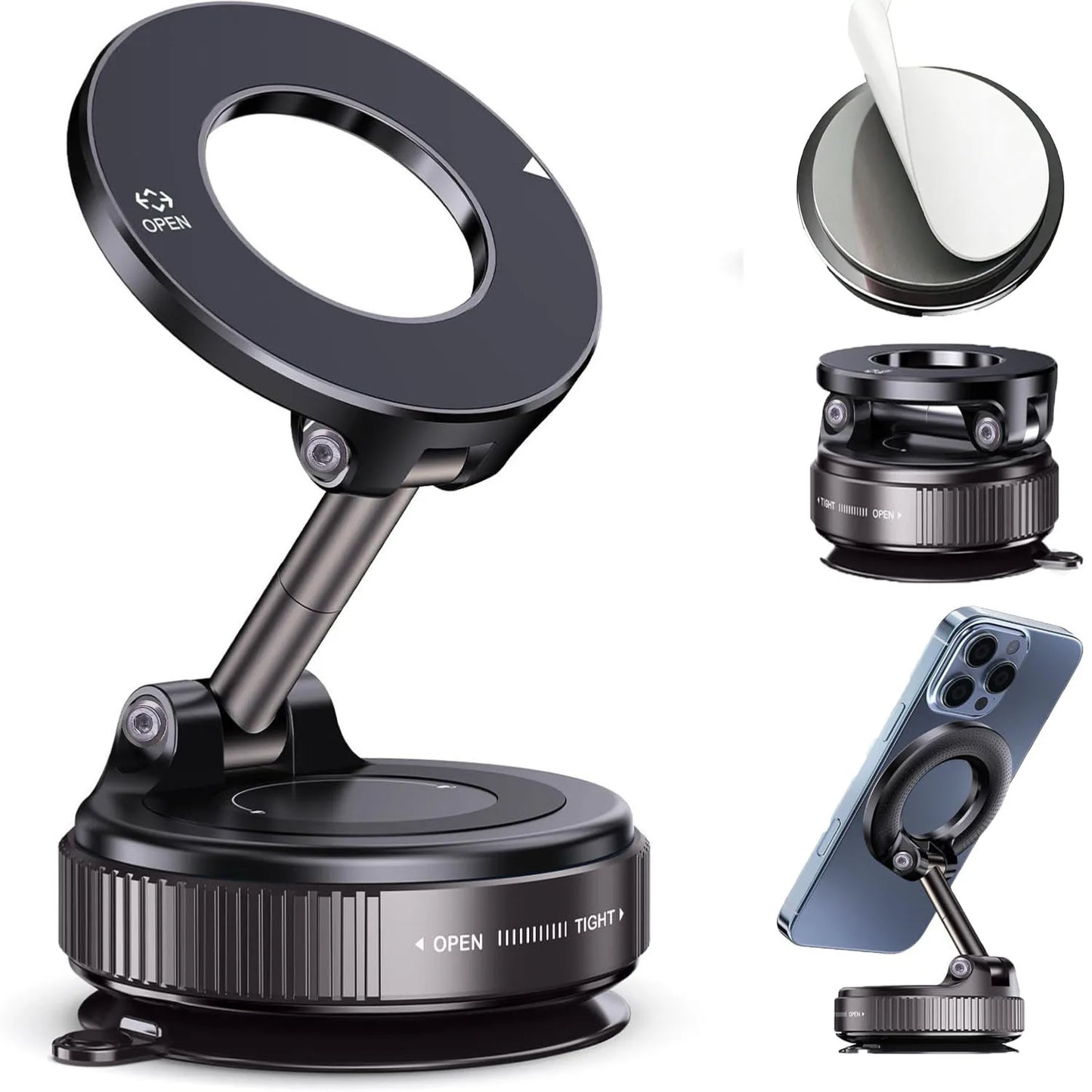 Upgraded Foldable Magnetic Car Phone Holder – N52 Magnet, 360° Rotatable, Dashboard Suction Cup, ABS, with Wrench & Mount Pad